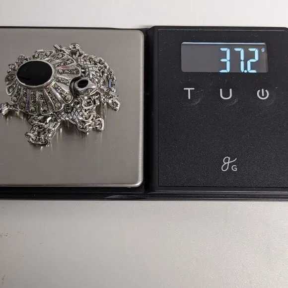 Vintage Sterling Silver, Onyx and Marcasite Turtle Pendant/Necklace - Picture 6 of 16